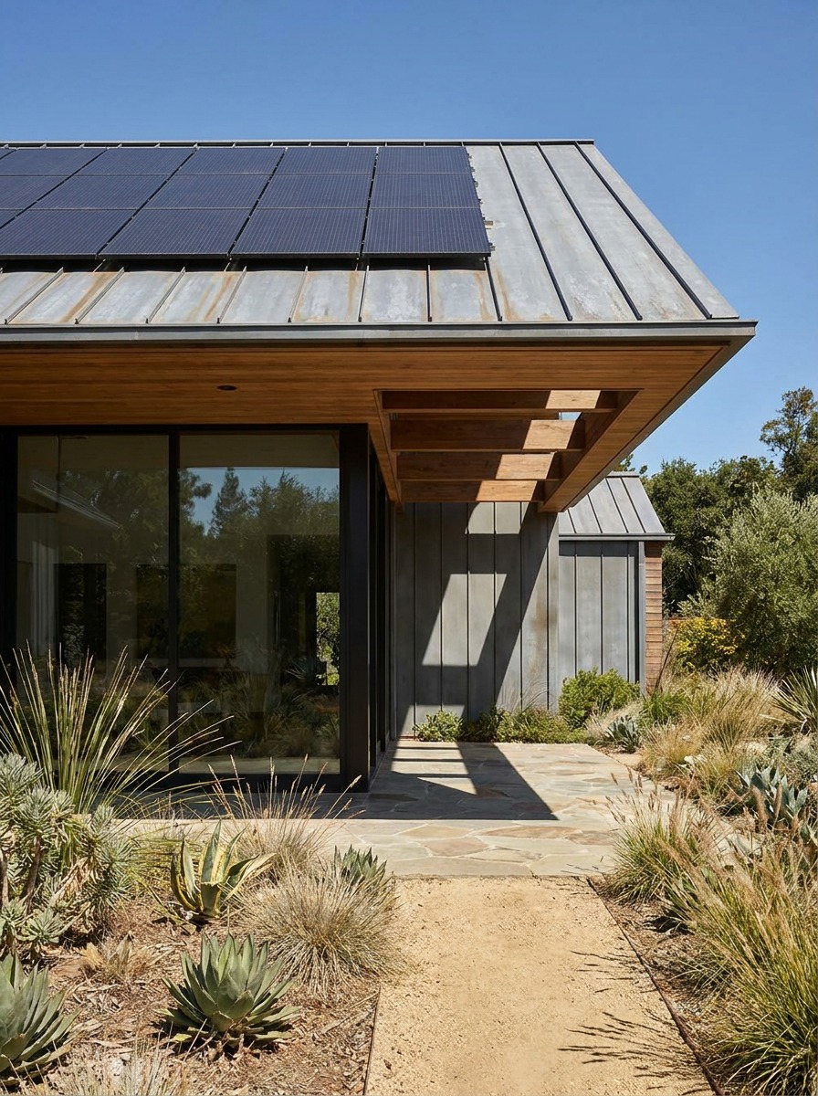 Sustainable Residential Solar Panel Roof Detail Architectural photograph of solar panels integrated into a standing-seam metal roof with deep overhangs. | Sky Rye Design Architectural photograph of solar panels integrated into a standing-seam metal roof with deep overhangs.