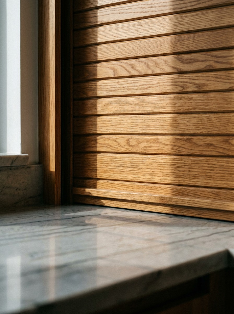 Partially open slatted wood tambour appliance garage door above a stone countertop