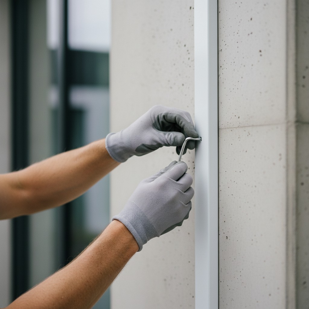 Technician adjusting a mini split line hide cover along a modern exterior wall