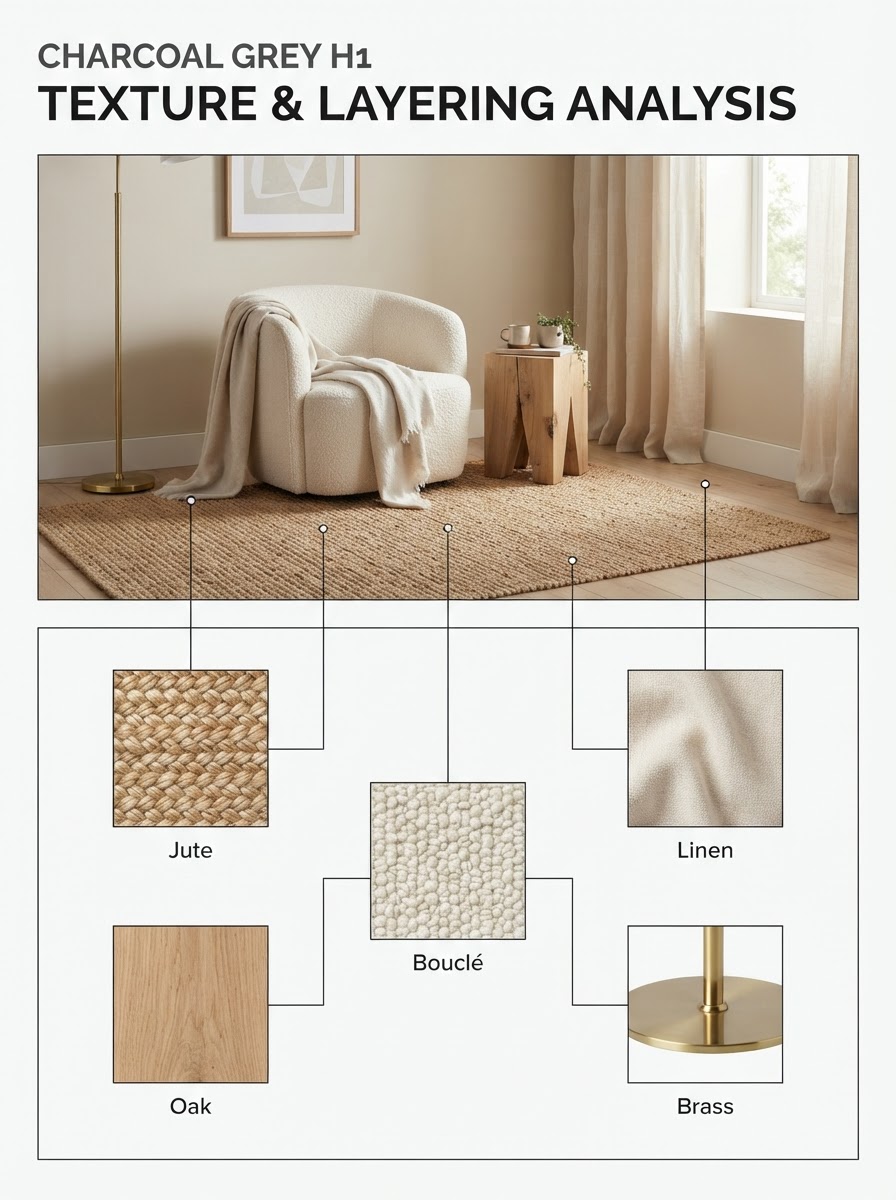 Tactile Texture Layering design Infographic Two-panel infographic: Room corner with wood, jute, bouclé, and brass layering; bottom panel is a texture swatch overlay index. | Sky Rye Design Two-panel infographic: Room corner with wood, jute, bouclé, and brass layering; bottom panel is a texture swatch overlay index.