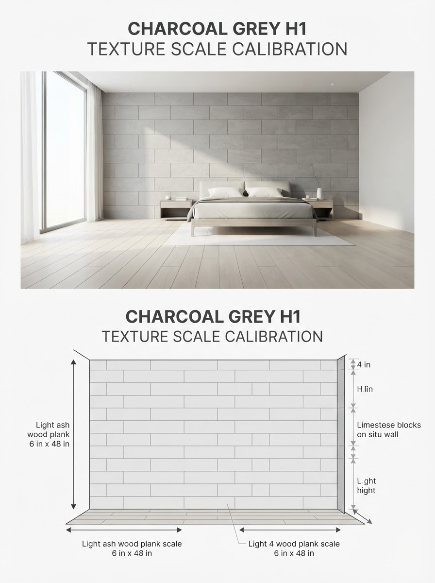 Seamless High-Resolution Texture Scale Calibration Infographic Two-panel infographic: Top panel shows minimalist bedroom with light ash wood floor and limestone wall; bottom panel shows 2D wall elevation scale calibration measurements. | Sky Rye Design Two-panel infographic: Top panel shows minimalist bedroom with light ash wood floor and limestone wall; bottom panel shows 2D wall elevation scale calibration measurements.