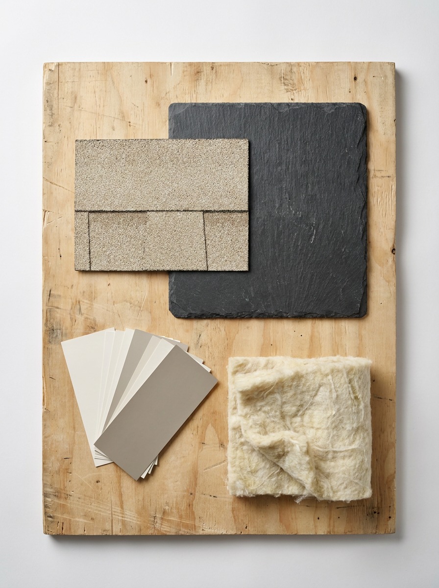 Roofing, stone tile, paint chips, and insulation samples arranged for sustainable home planning.