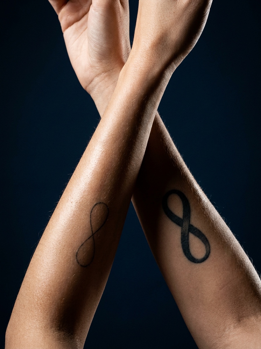 Two forearms showing a thin fine-line infinity tattoo beside a bolder blackwork version