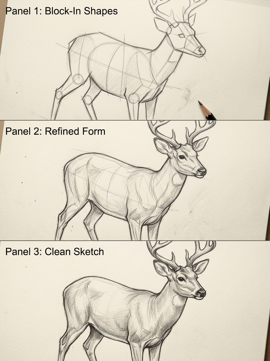 Three panels showing a deer drawing process block-in shapes refined form and