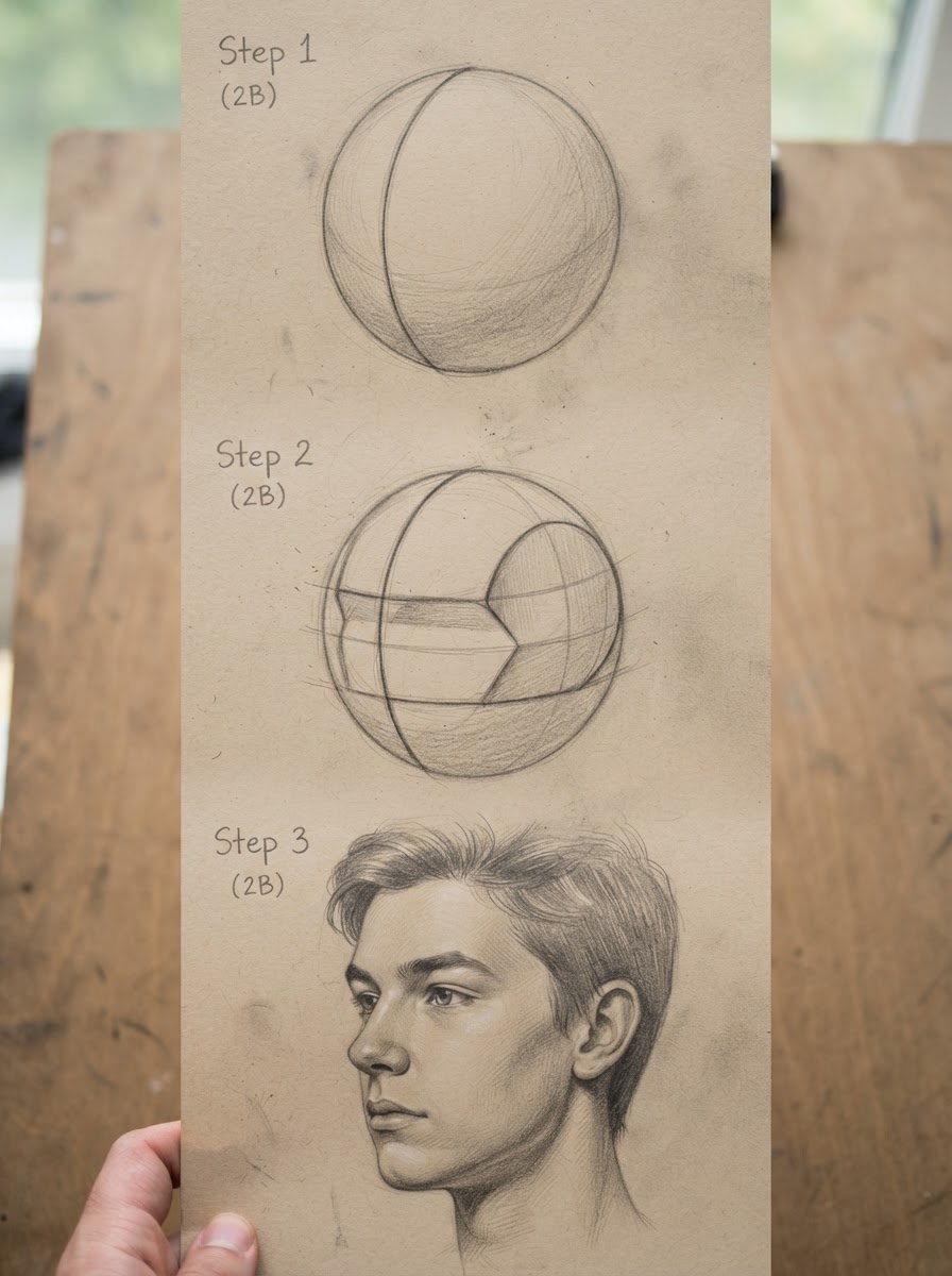 Three-quarter Loomis method three-step tutorial Three-step graphite tutorial showing a rotated Loomis sphere, temple side-plane, and three-quarter head. | Sky Rye Design Three-step graphite tutorial showing a rotated Loomis sphere, temple side-plane, and three-quarter head.