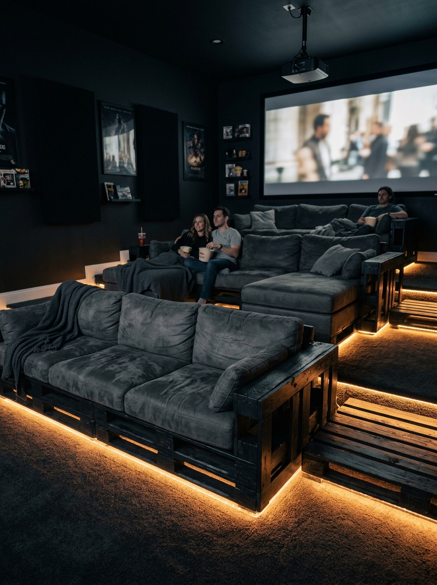 Tiered pallet home theater seating Tiered home theater seating built from dark painted pallets with warm LED lighting | Sky Rye Design Tiered home theater seating built from dark painted pallets with warm LED lighting