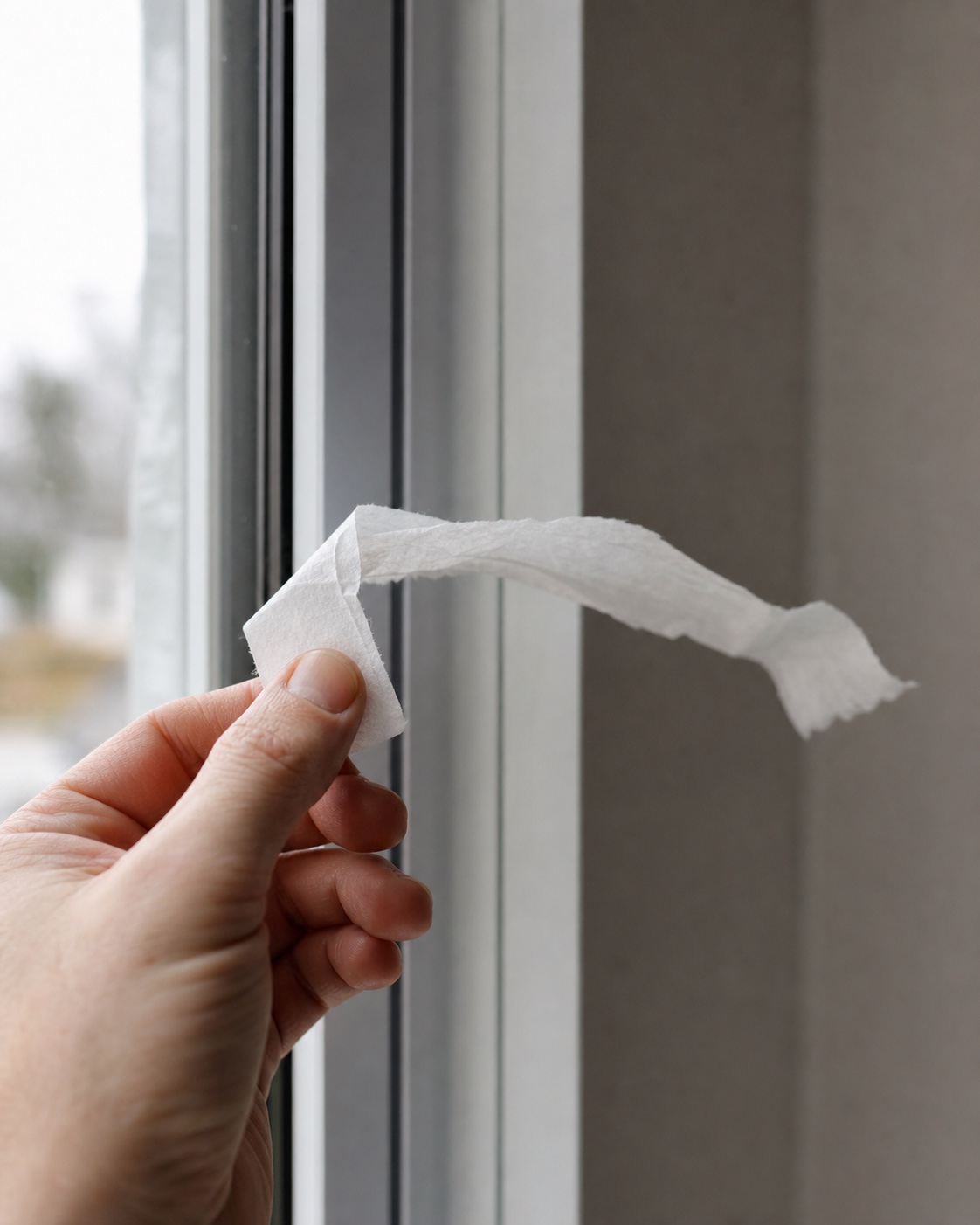 Tissue test beside a drafty window frame Hand holding tissue paper beside a closed window frame to check for a draft. | Sky Rye Design Hand holding tissue paper beside a closed window frame to check for a draft.