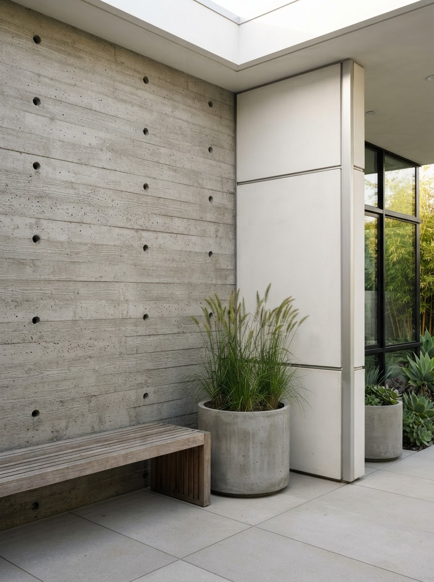 Top Concrete Finishes - Board Formed Concrete Board formed architectural concrete feature wall with natural wood grain texture | Sky Rye Design Board formed architectural concrete feature wall with natural wood grain texture