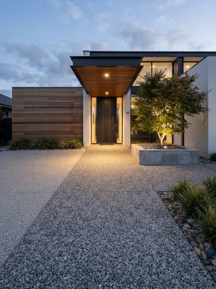 Top Concrete Finishes - Exposed Aggregate Exposed aggregate concrete driveway with dark basalt and quartz pebbles for modern villa entrance | Sky Rye Design Exposed aggregate concrete driveway with dark basalt and quartz pebbles for modern villa entrance
