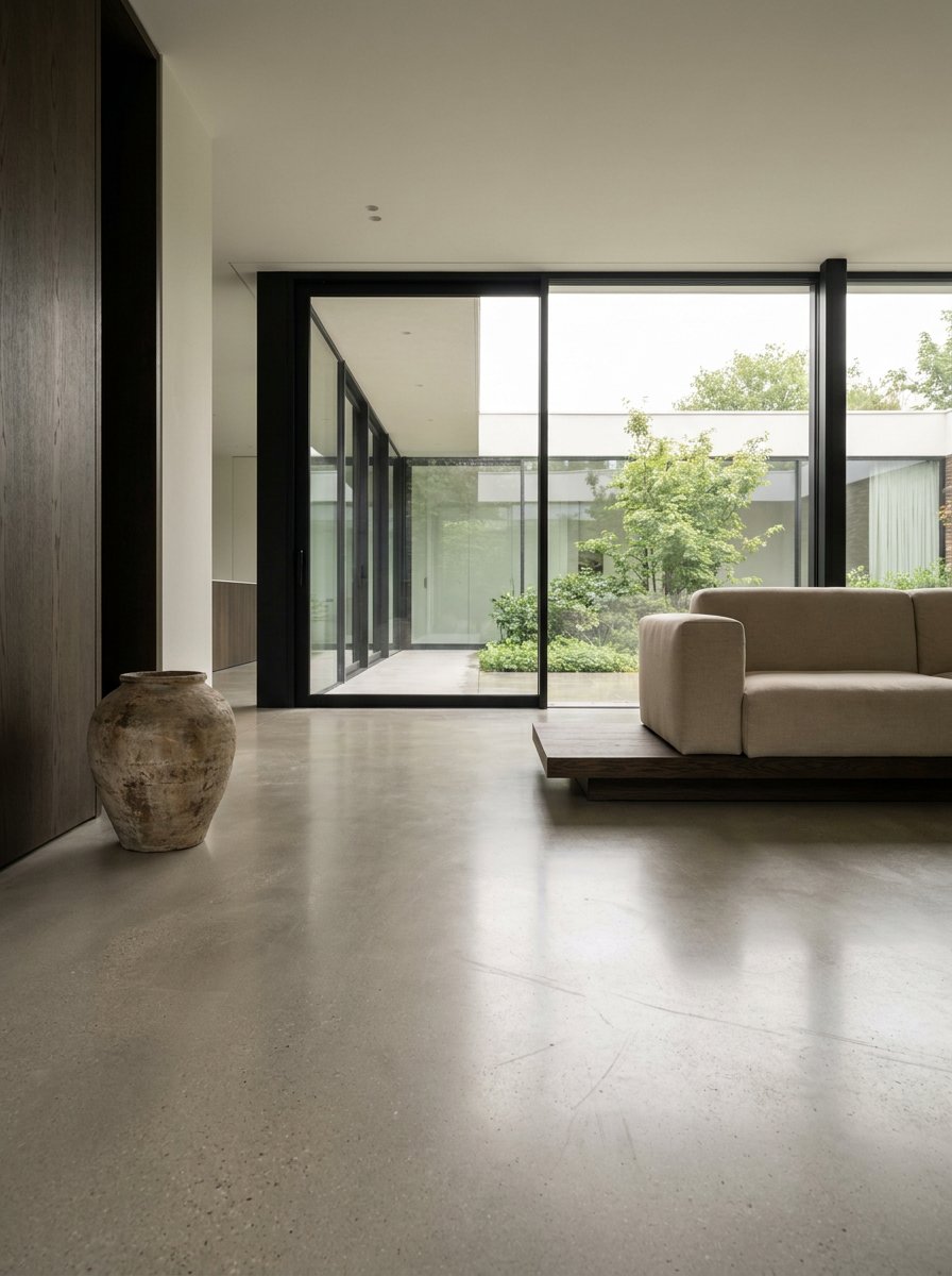 Top Concrete Finishes - Polished Concrete Seamless mirror-polished concrete floor in an ultra-modern living room with glass walls | Sky Rye Design Seamless mirror-polished concrete floor in an ultra-modern living room with glass walls