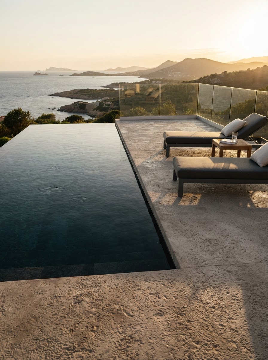Top Concrete Finishes - Salt Finish Concrete Anti-slip salt finish concrete pool deck with subtle pitted texture surrounding infinity pool | Sky Rye Design Anti-slip salt finish concrete pool deck with subtle pitted texture surrounding infinity pool