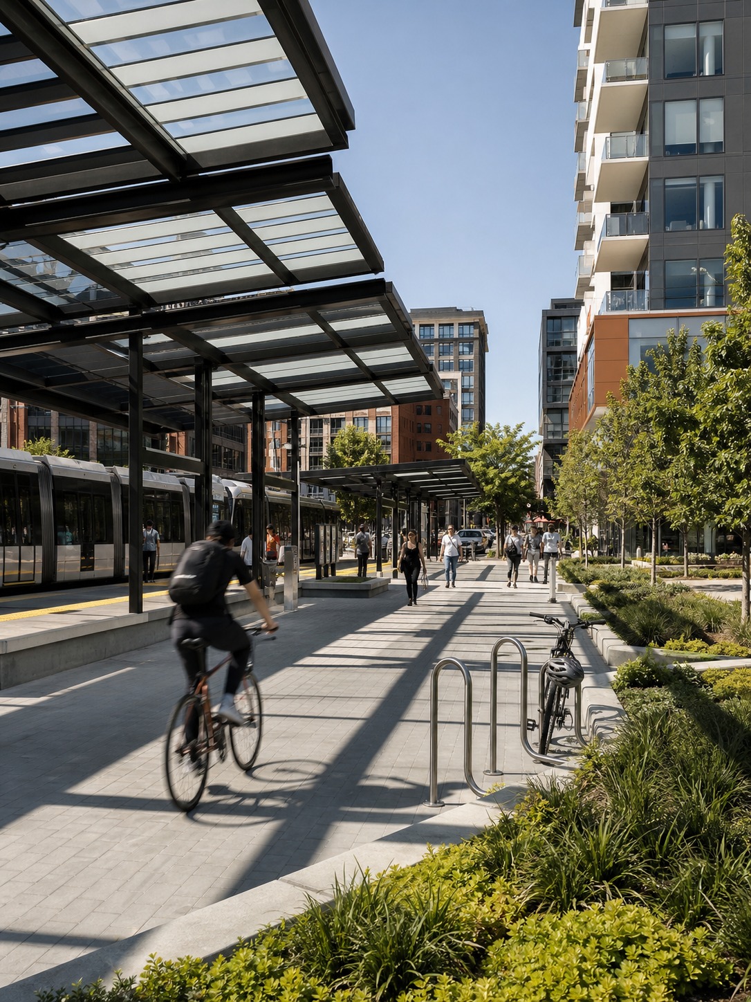 Transit-oriented plaza with canopy shade structures, cyclists, pedestrians, and residential buildings.