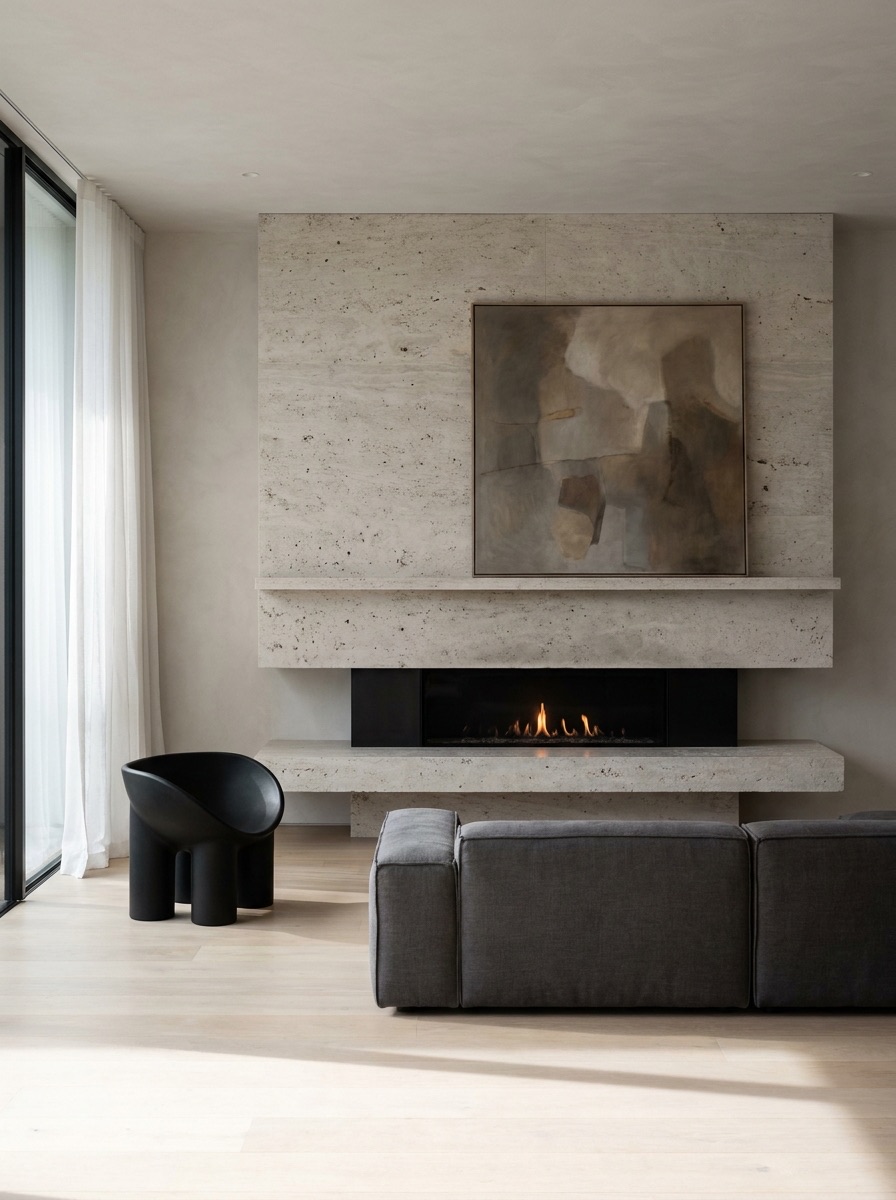 Living room with travertine fireplace, abstract art, low mantel shelf, and modern living room fireplace ideas