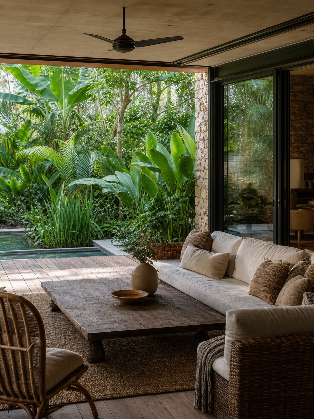 Indoor-outdoor living terrace in a tropical home Covered terrace with open sliding glass walls leading to a shaded tropical garden | Sky Rye Design Covered terrace with open sliding glass walls leading to a shaded tropical garden