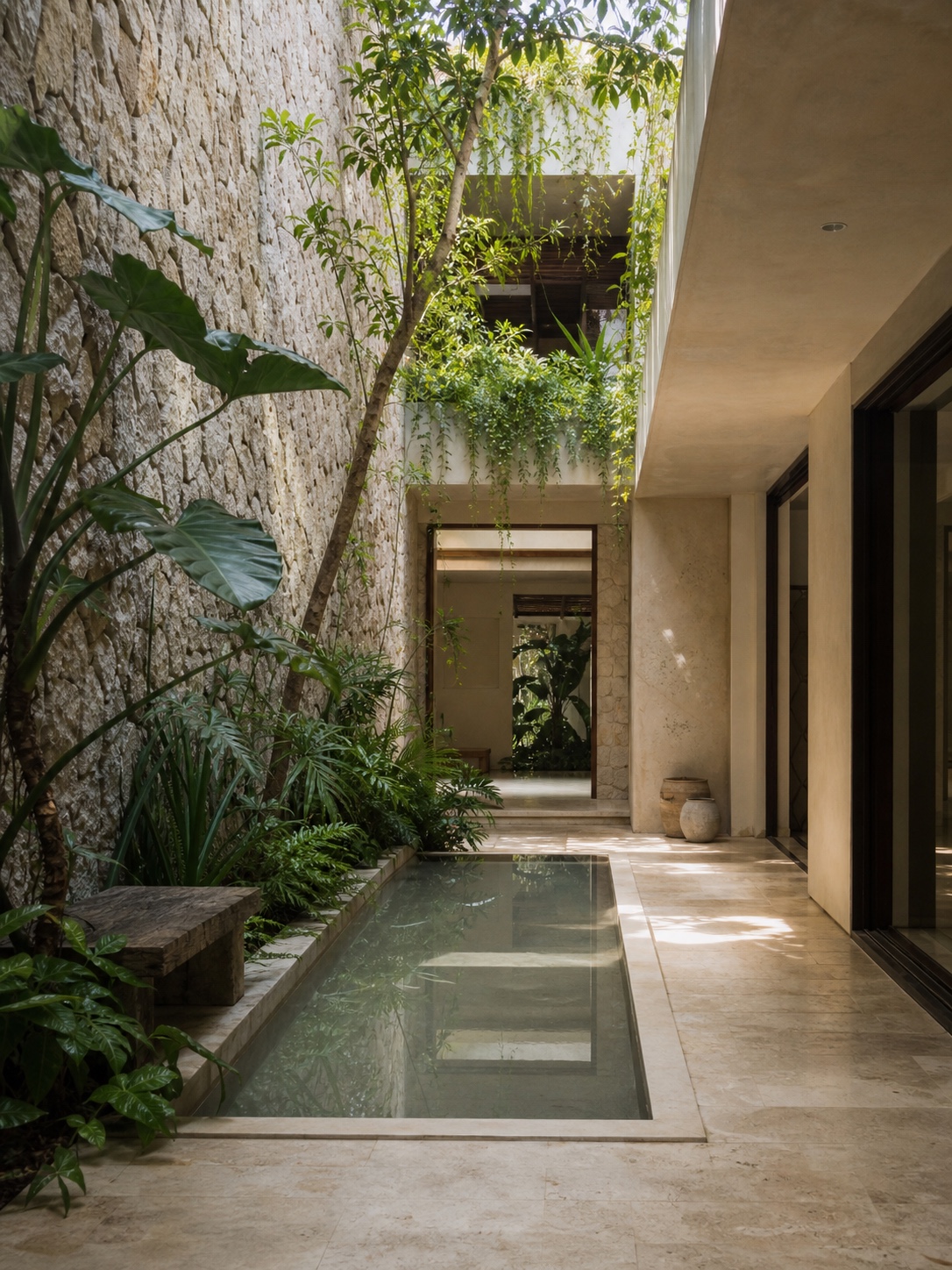 Interior courtyard in a tropical luxury home Interior courtyard with natural stone, a reflecting pool, and greenery under soft top light | Sky Rye Design Interior courtyard with natural stone, a reflecting pool, and greenery under soft top light
