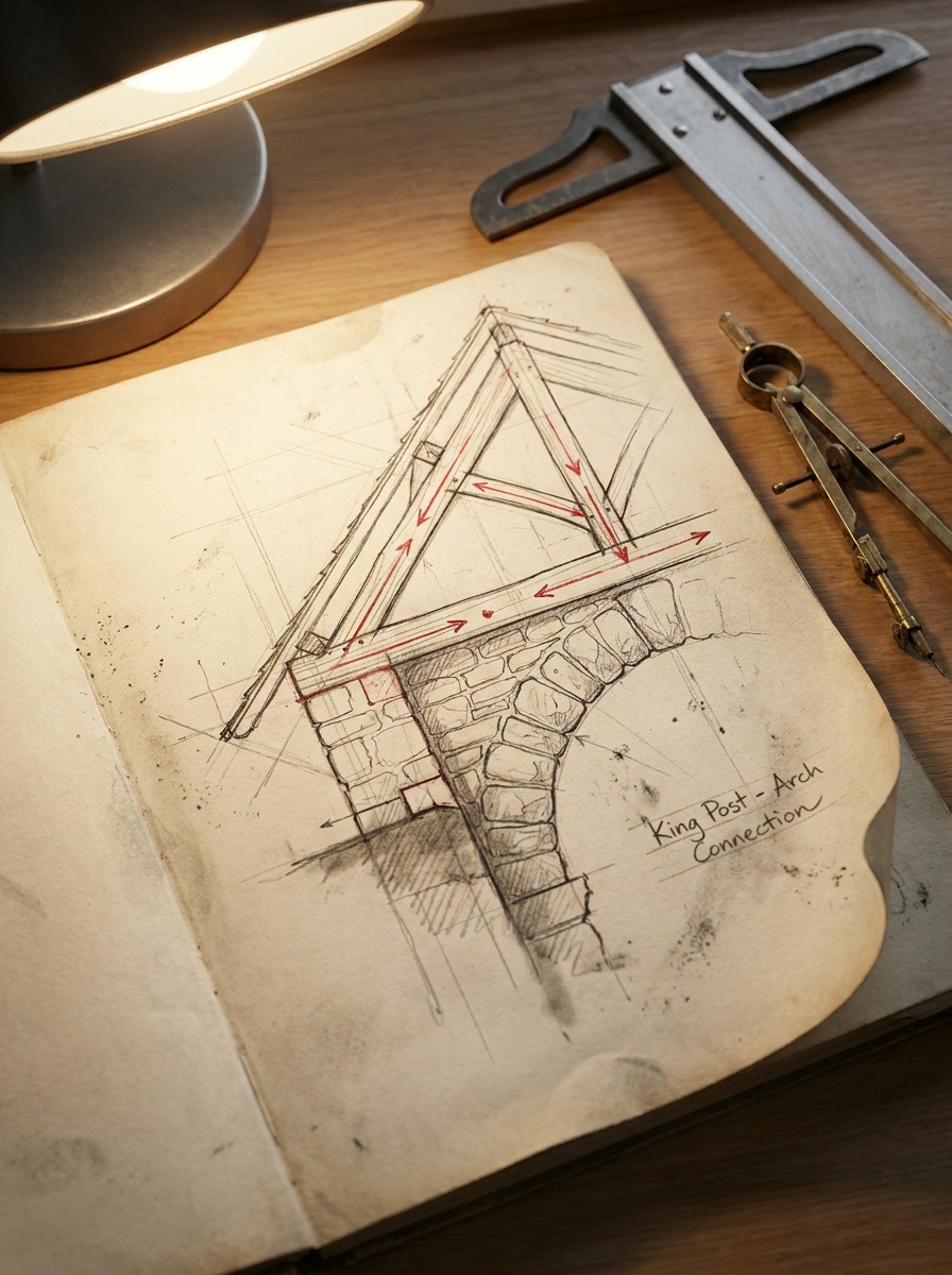 Technical sketch of a triangulated roof truss meeting a stone arch with red load-path arrows.