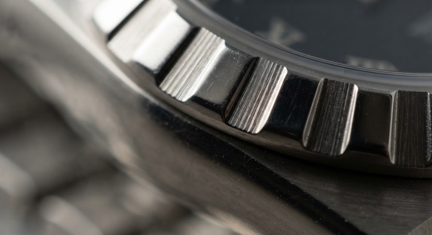 Extreme macro detail of the notched ridges on a TUDOR Royal-style bezel.