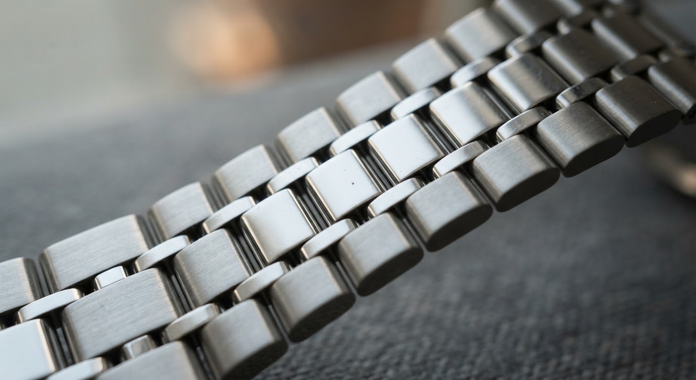 Close-up of alternating brushed and polished links on a TUDOR Royal-style bracelet.