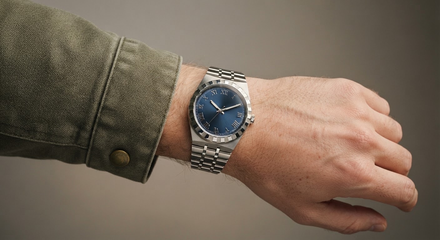 Brushed steel TUDOR Royal-style watch worn with a canvas workwear cuff.