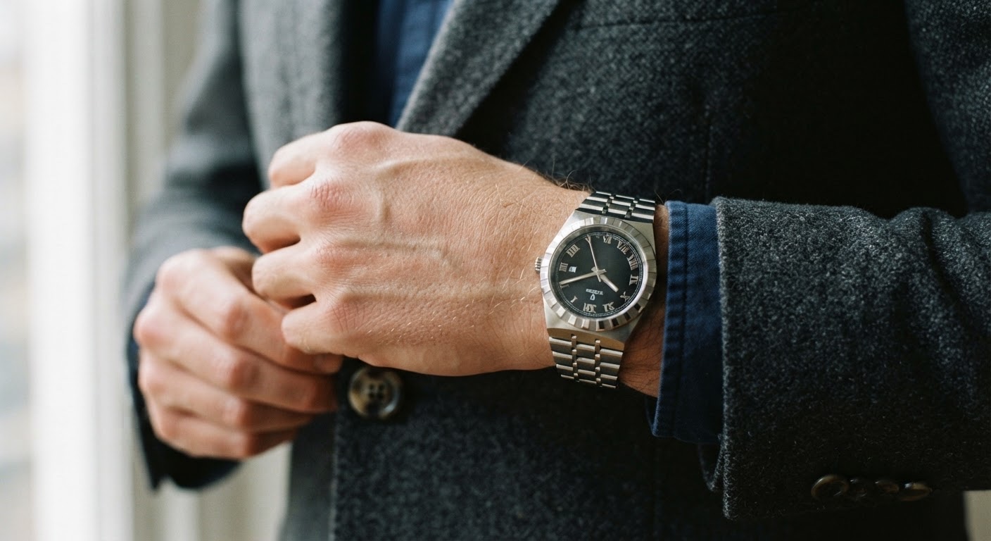 Man wearing a TUDOR Royal-style watch while reaching for a coat button.