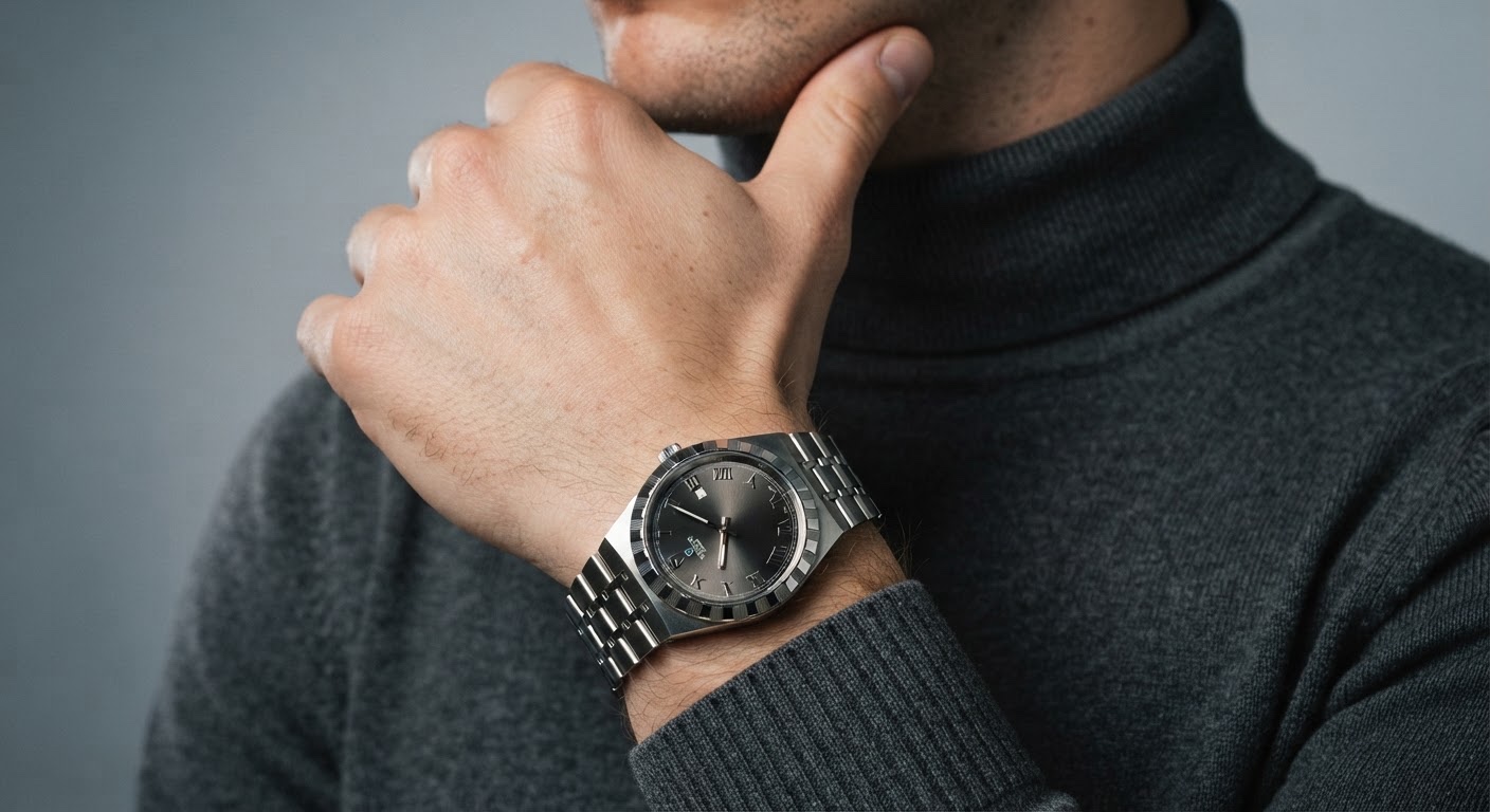 Dark-dial TUDOR Royal-style watch styled with a charcoal turtleneck.