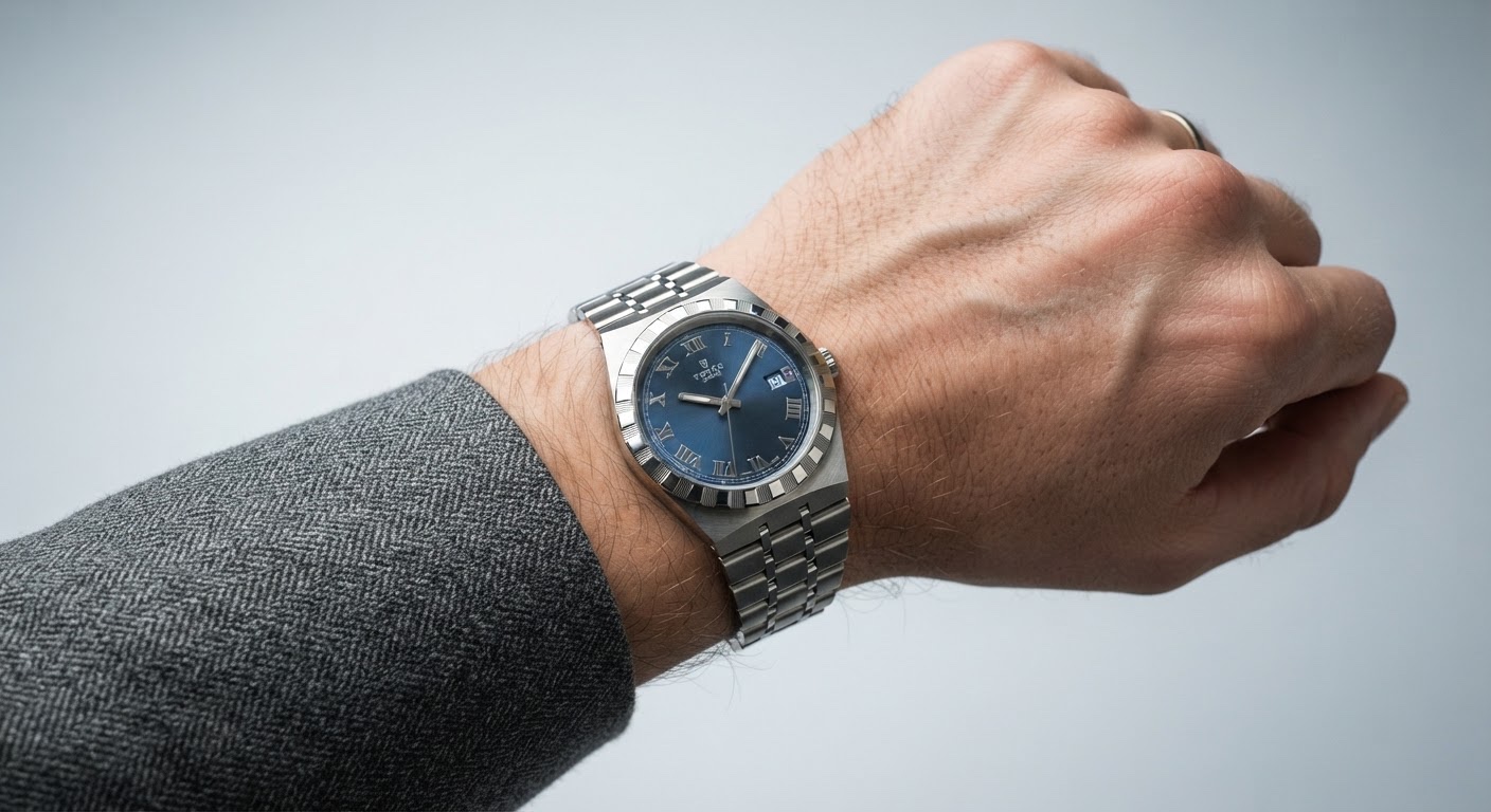 TUDOR Royal-style 36mm steel watch worn with a grey suit cuff.