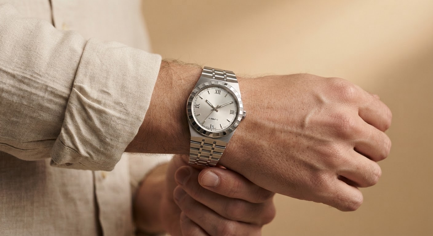 Light-dial TUDOR Royal-style watch worn with a pale linen sleeve.