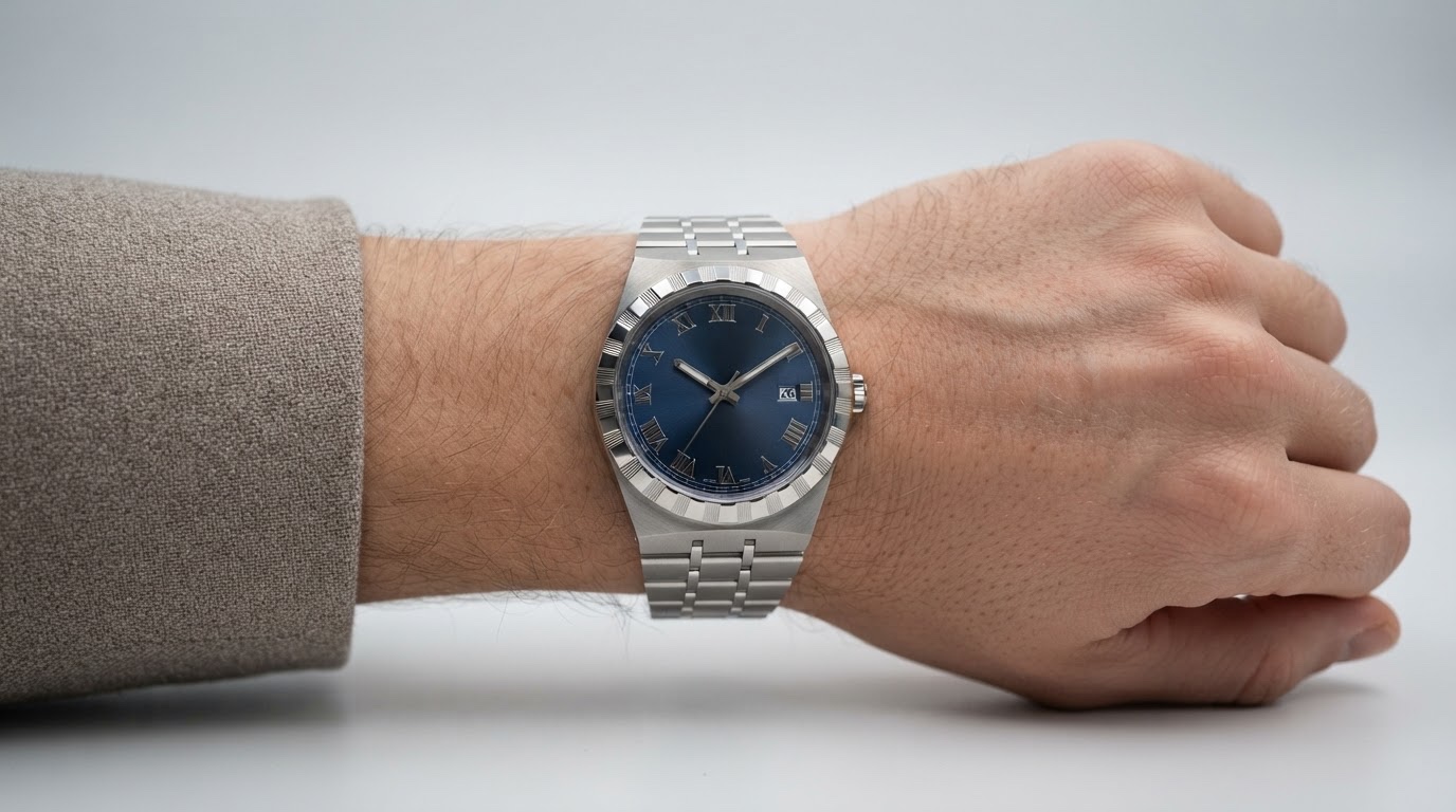 TUDOR Royal-style watch anchoring a stone and grey neutral outfit.