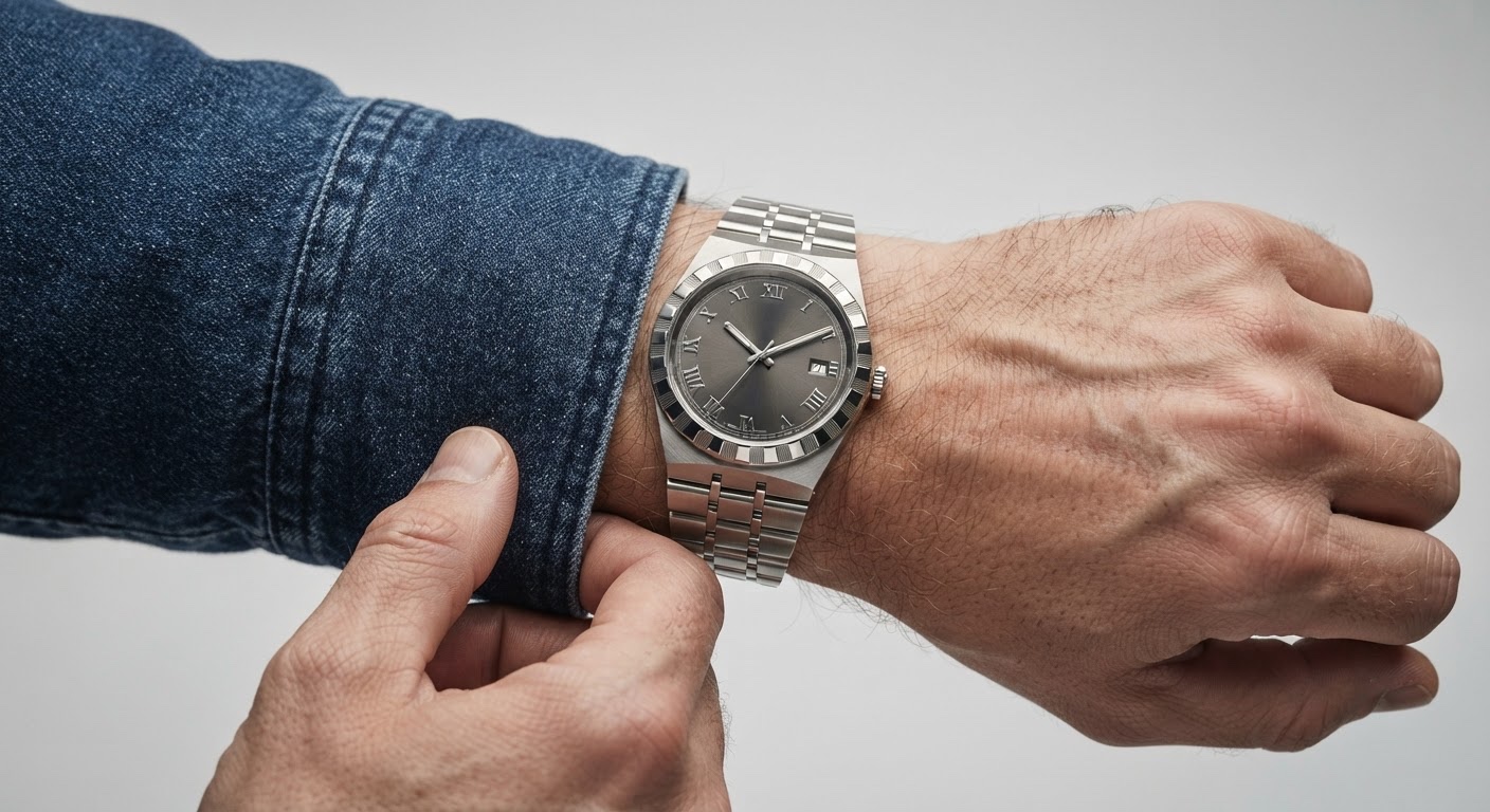 Steel TUDOR Royal-style watch worn with an indigo denim cuff.
