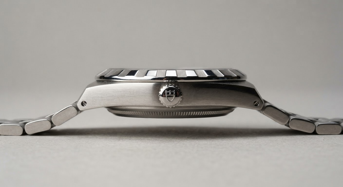 Side profile of a TUDOR Royal-style case showing bezel height and case thickness.