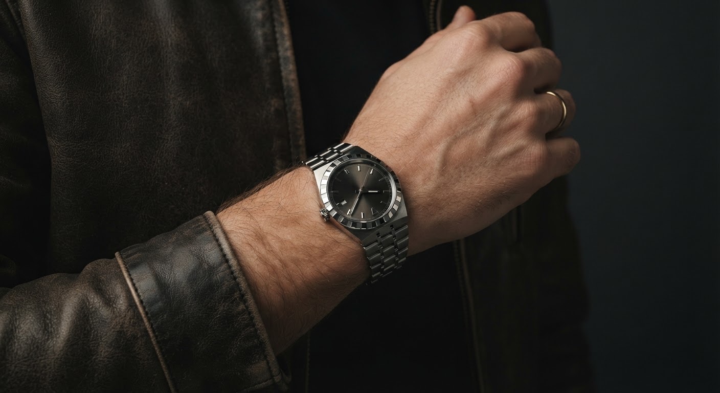 Steel TUDOR Royal-style watch paired with a leather jacket sleeve.