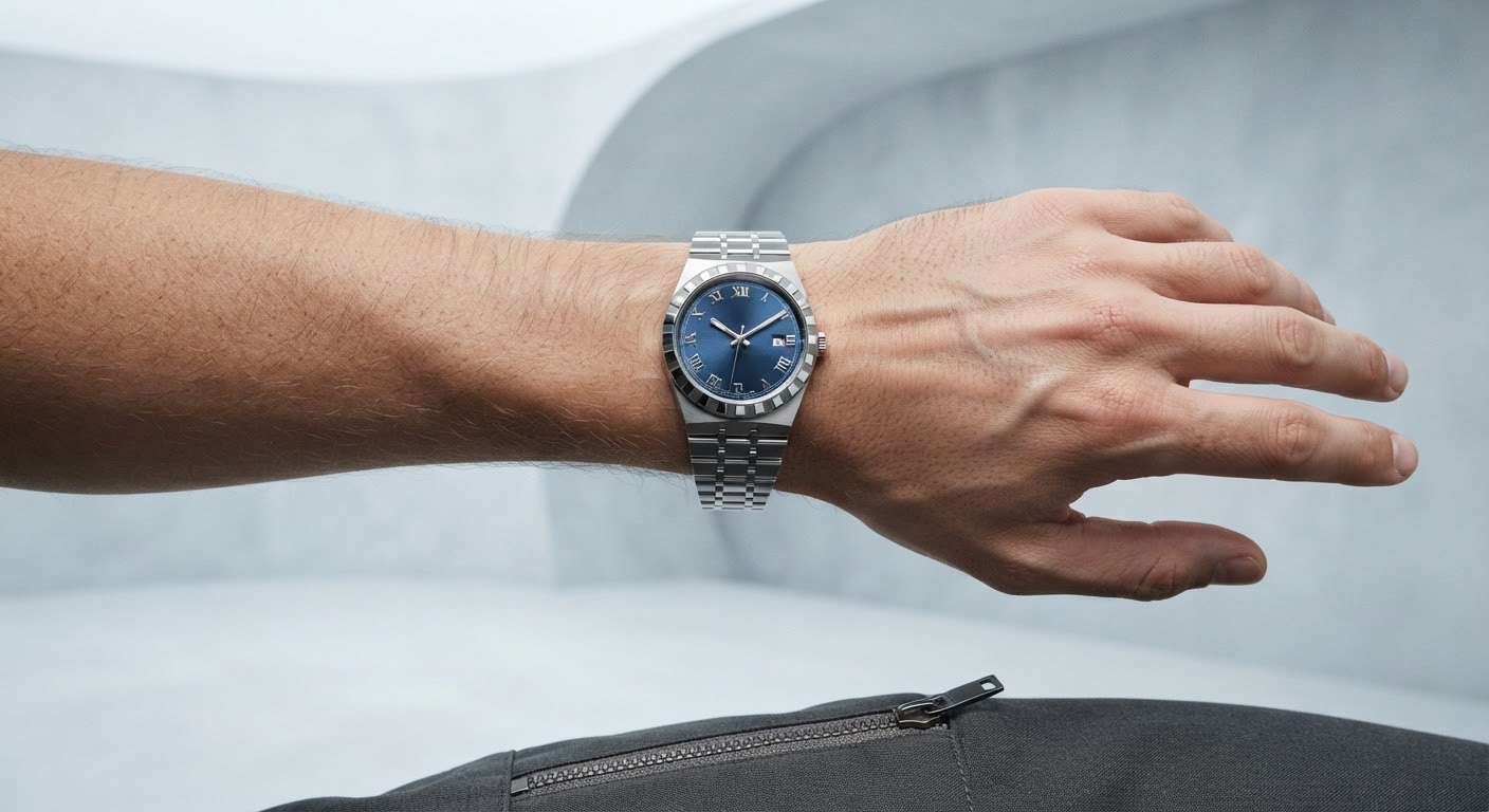 TUDOR Royal-style watch paired with a technical shell jacket cuff.