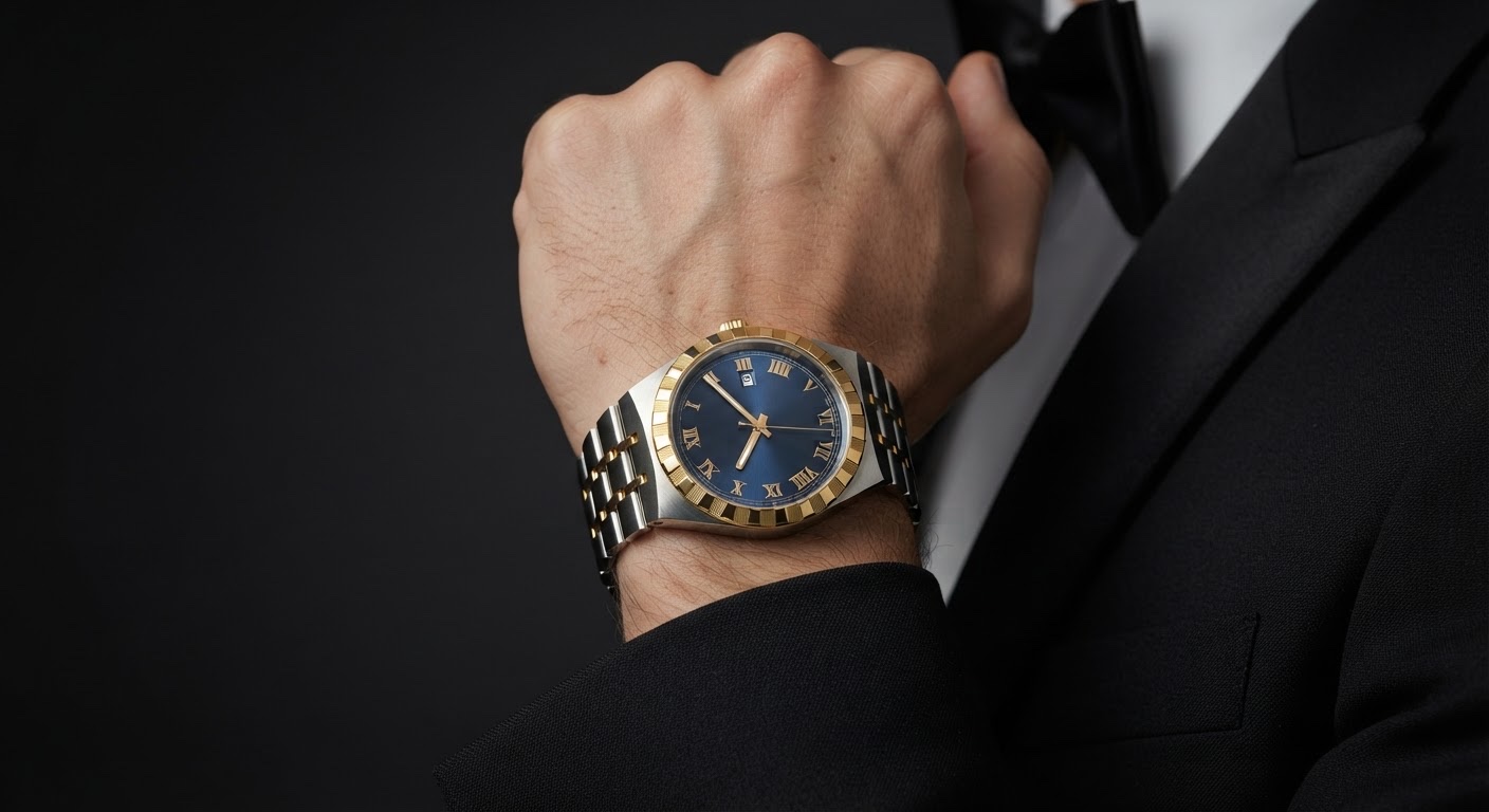 Two-tone TUDOR Royal-style watch styled with black-tie clothing.
