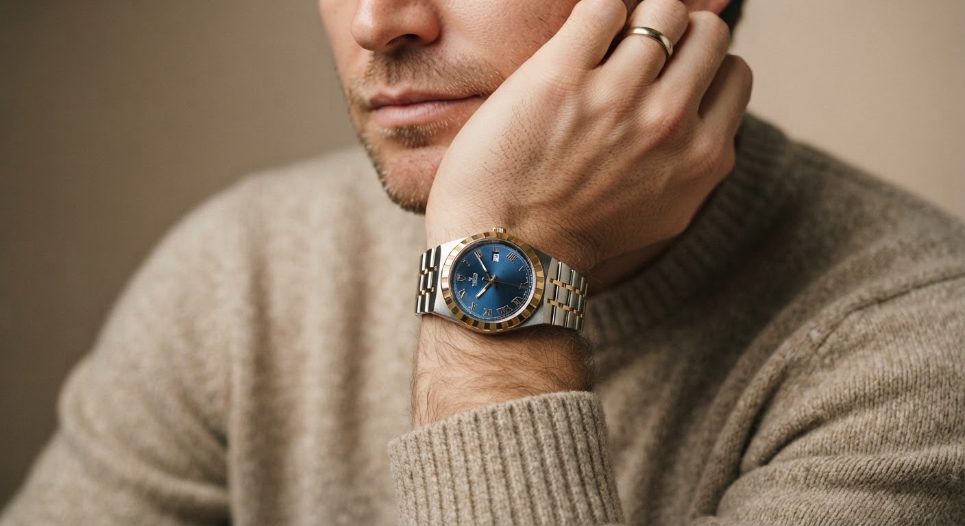 Two-tone TUDOR Royal-style watch paired with a warm knit sleeve.