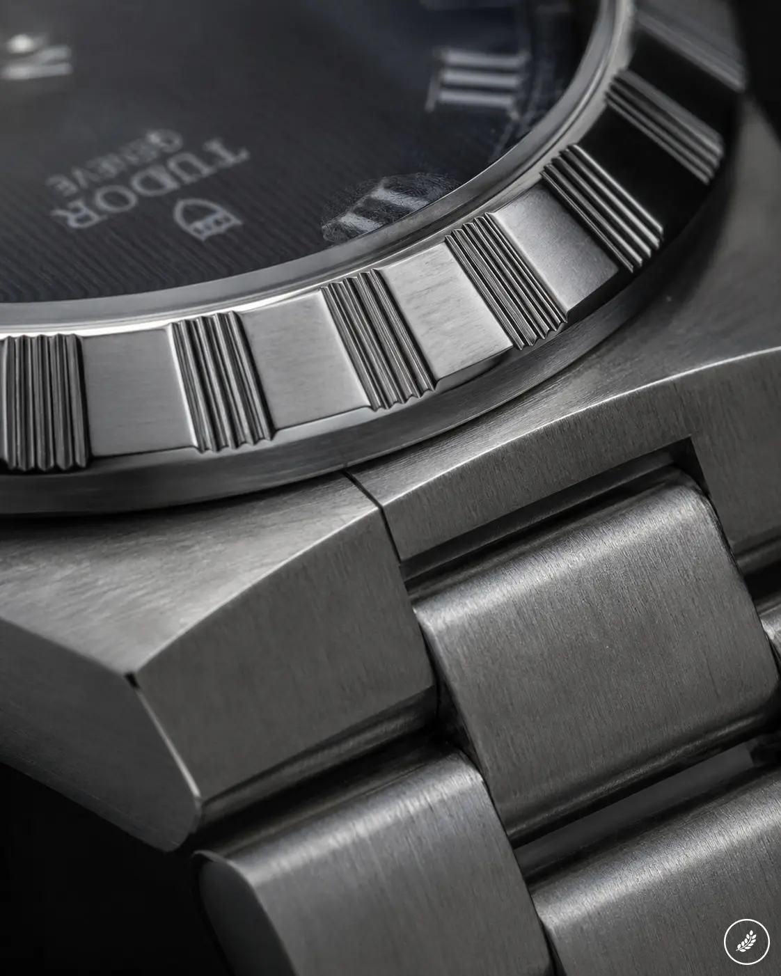 Close-up of Tudor stainless steel watch showing fluted bezel and brushed bracelet links, luxury watch detail