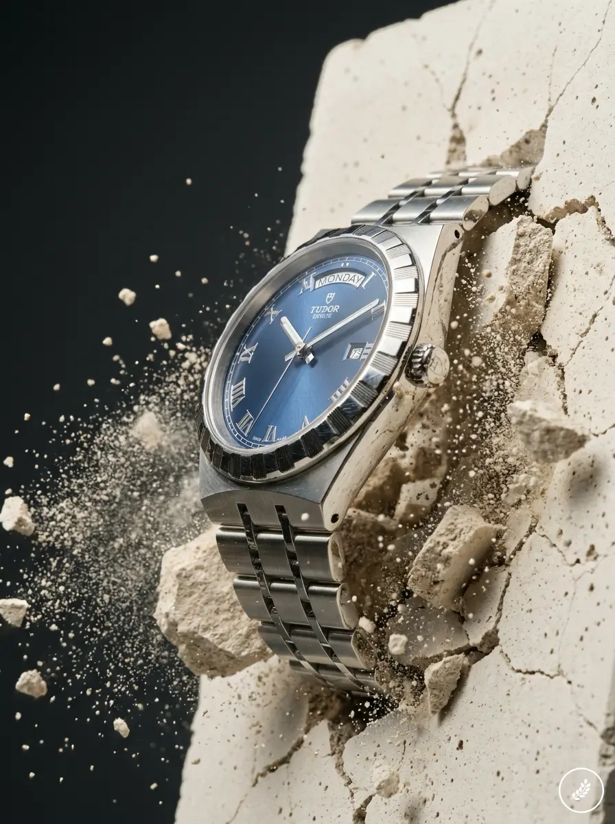Tudor stainless steel luxury watch with blue dial and day-date display embedded in cracked stone with flying debris
