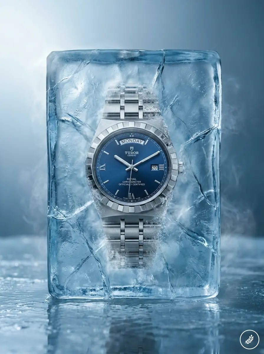 Tudor Royal blue-dial day-date luxury stainless steel watch frozen in an ice block