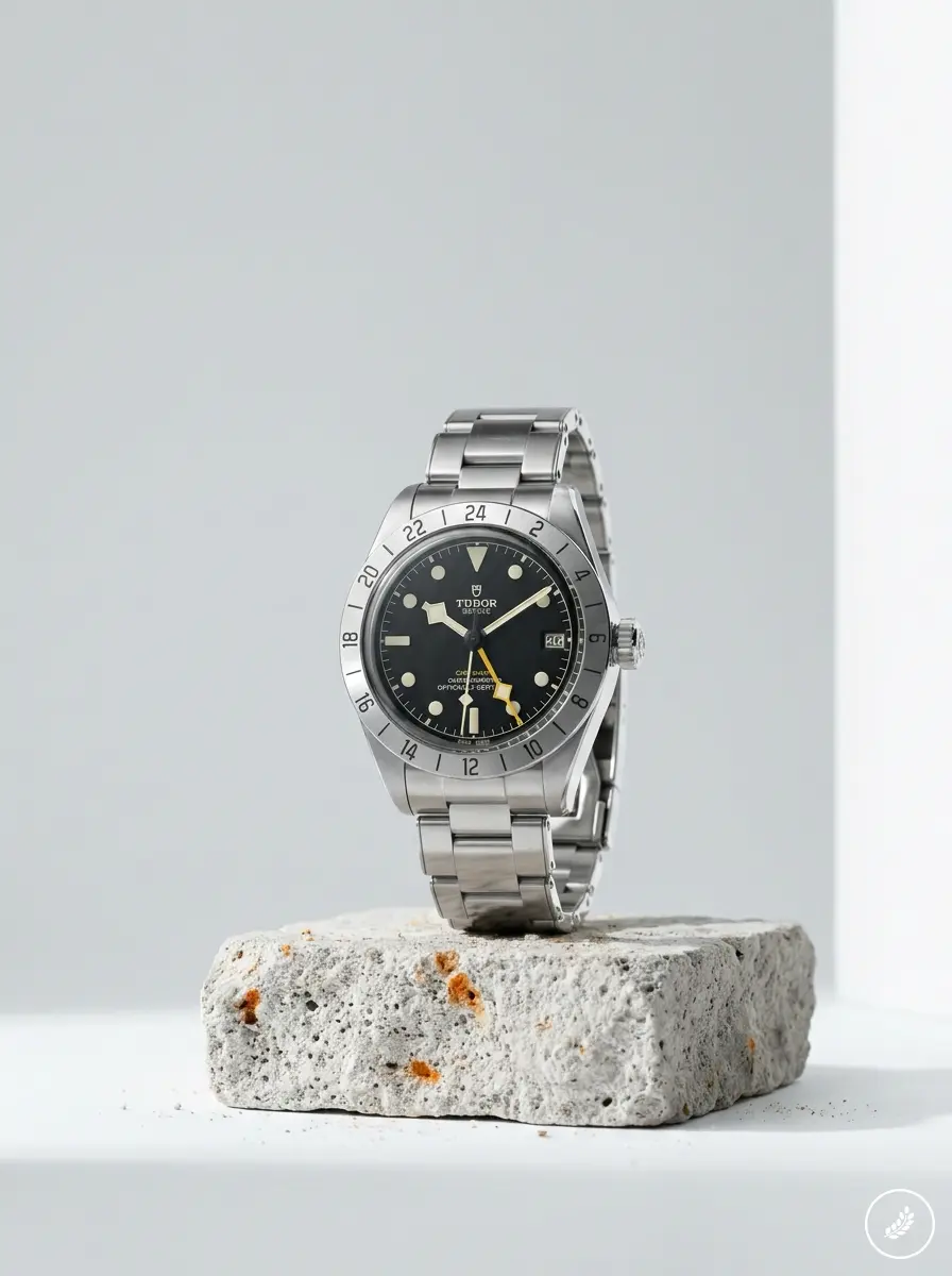 Luxury Tudor stainless steel GMT wristwatch with black dial and yellow GMT hand displayed on a concrete block
