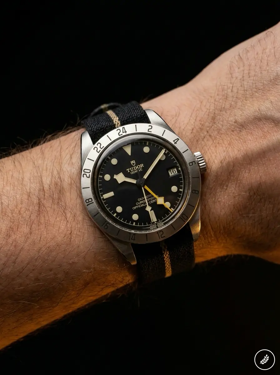Tudor wristwatch on wrist, black dial and 24-hour stainless steel bezel, black NATO strap - luxury men's watch close-up