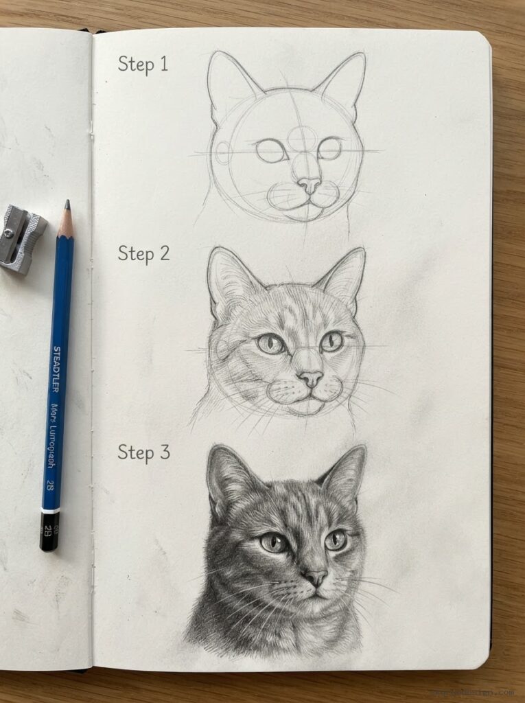 How to draw cat 3 step tutorial How to draw cat step by step pencil tutorial | Sky Rye Design Cat drawing tutorial sample generated as a three-step pencil guide
