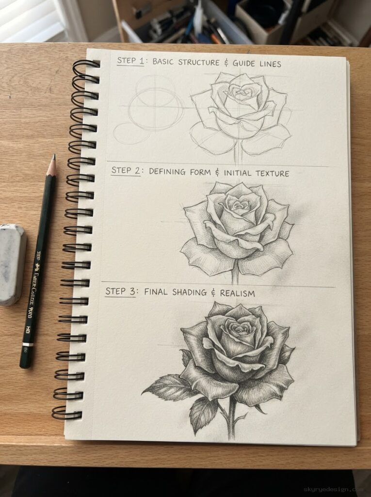 How to draw flowers 3 step tutorial How to draw flowers step by step pencil tutorial | Sky Rye Design Flower drawing tutorial sample showing sketch lines and shading steps