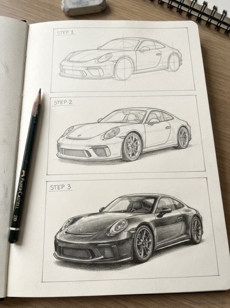 How to draw sport car 3 step tutorial How to draw sport car step by step pencil tutorial | Sky Rye Design Sports car drawing tutorial sample with block-in and pencil shading