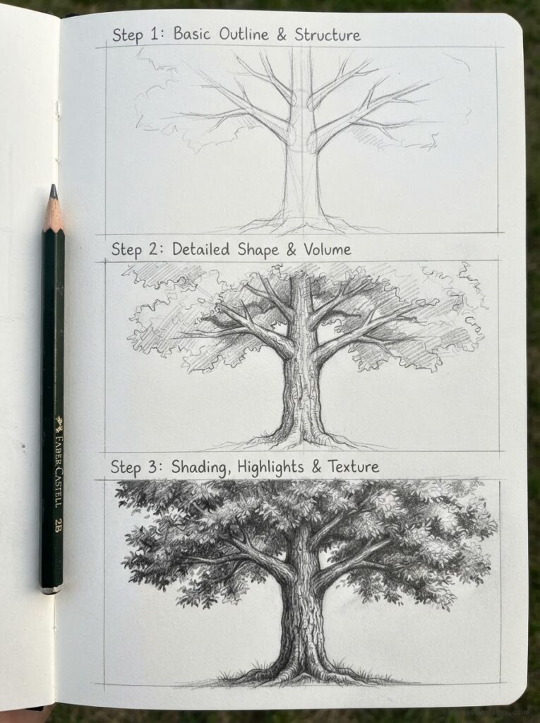 How to draw tree 3 step tutorial How to draw tree step by step pencil tutorial | Sky Rye Design Generated tree drawing tutorial sample with pencil construction steps