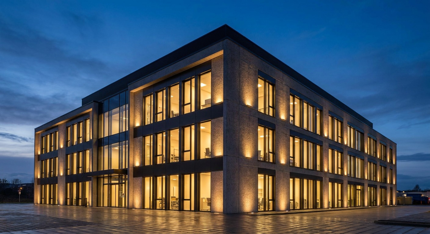 Commercial Facade at Twilight with Accent Lighting Commercial building facade at dusk with interior lighting glowing warmly through the windows and subtle uplighting | Sky Rye Design Commercial building facade at dusk with interior lighting glowing warmly through the windows and subtle uplighting