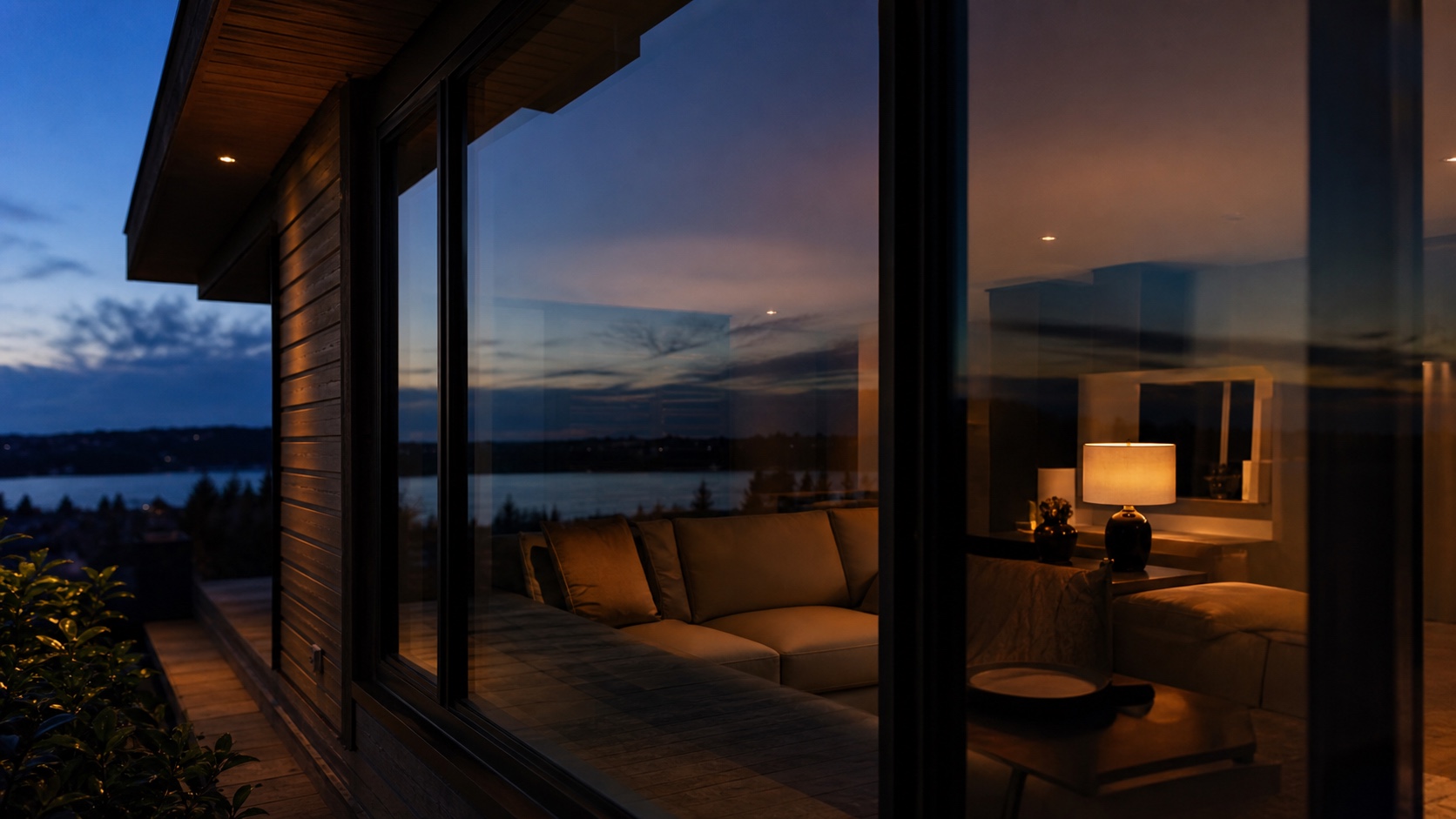 Twilight glow reflected in large glazing Warm interior lamp light reflected in large glazing against a blue dusk sky. | Sky Rye Design Warm interior lamp light reflected in large glazing against a blue dusk sky.