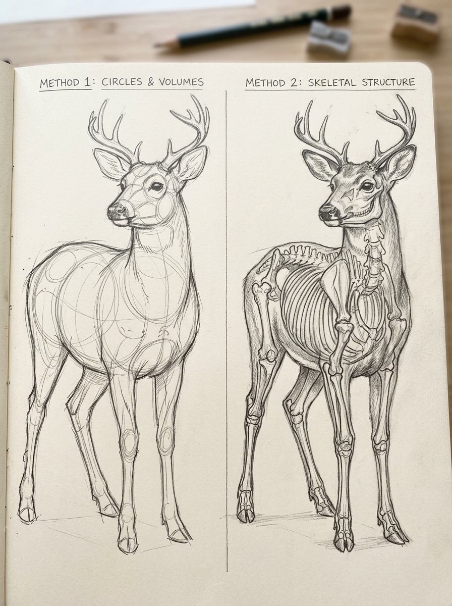 Two deer sketches illustrating Method 1 Circles Volumes and Method 2