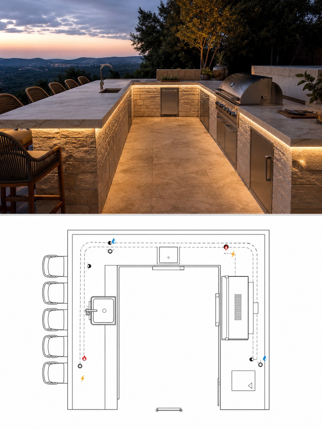 Split reference image showing a U-shaped outdoor kitchen with a matching technical plan for utility routes.