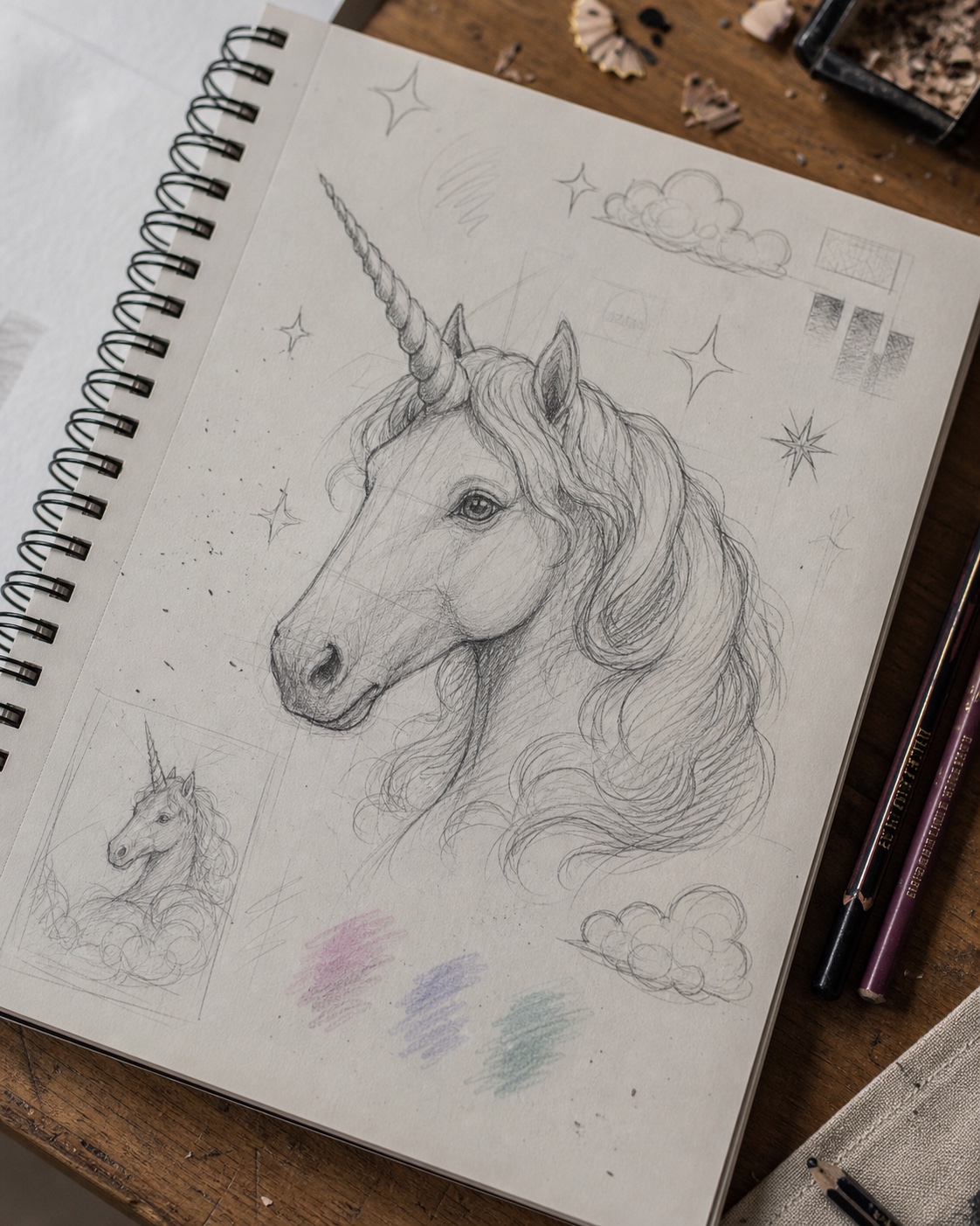 Unicorn mane and cloud sketchbook study Finished unicorn head sketch with flowing mane, cloud thumbnails, star shapes, pastel tests, and visible underdrawing. | Sky Rye Design Finished unicorn head sketch with flowing mane, cloud thumbnails, star shapes, pastel tests, and visible underdrawing.