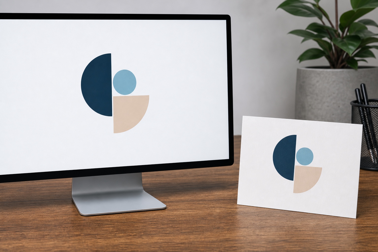 Vector logo on screen next to printed card Vector logo on a monitor beside the same logo printed sharply on a business card. | Sky Rye Design Vector logo on a monitor beside the same logo printed sharply on a business card.