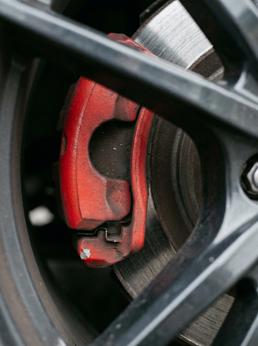Car_brake_caliper_and_rotor_202607160320 Close-up of red brake caliper and worn disc rotor behind black alloy wheel on performance car | Sky Rye Design Close-up of red brake caliper and worn disc rotor behind black alloy wheel on performance car